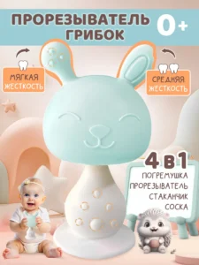 Прорезыватель грибок зайчик голубой для малышей